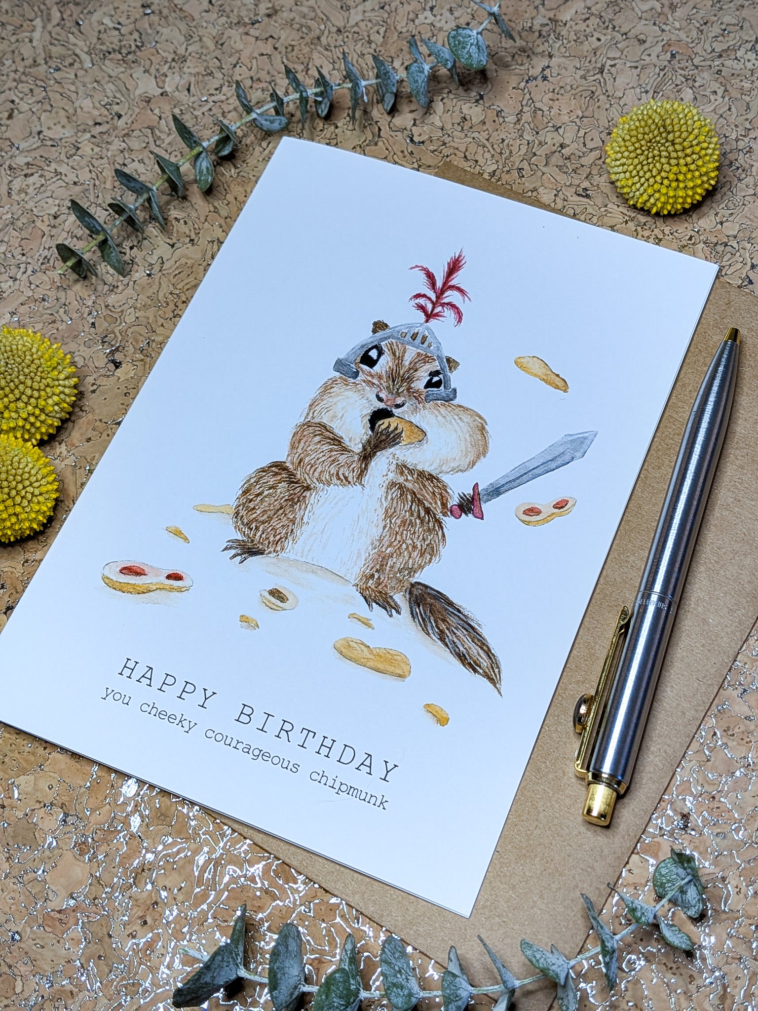 Funny chipmunk birthday card for women featuring whimsical colorful artwork, clever humor, artistic illustration, and cheerful birthday wishes.