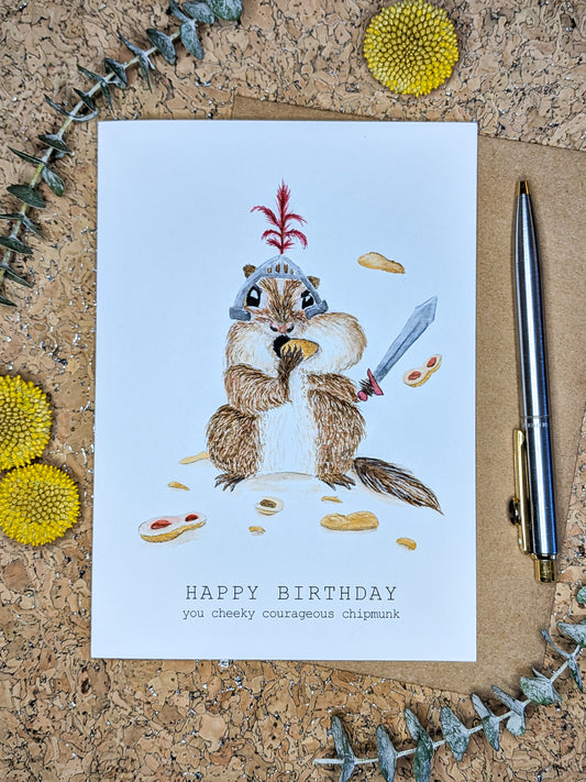 Funny chipmunk birthday card for women featuring whimsical colorful artwork, clever humor, artistic illustration, and cheerful birthday wishes.
