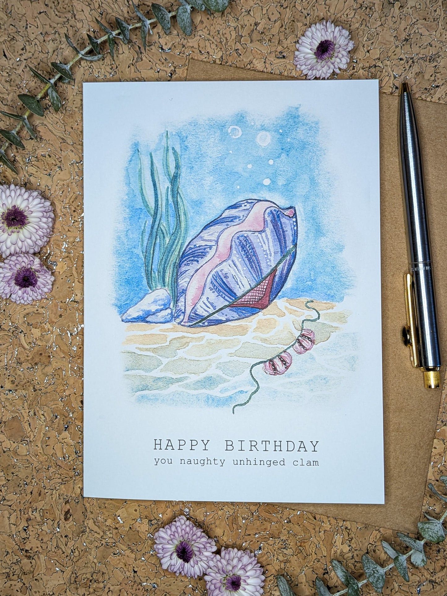Funny Watercolor Clam Birthday Card