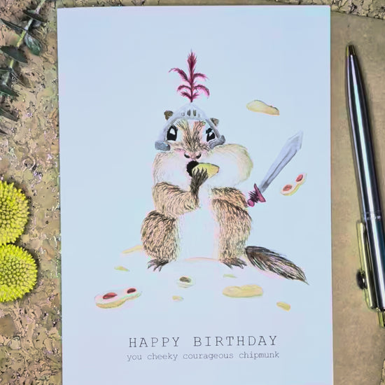 Funny chipmunk birthday card for women featuring whimsical colorful artwork, clever humor, artistic illustration, and cheerful birthday wishes.