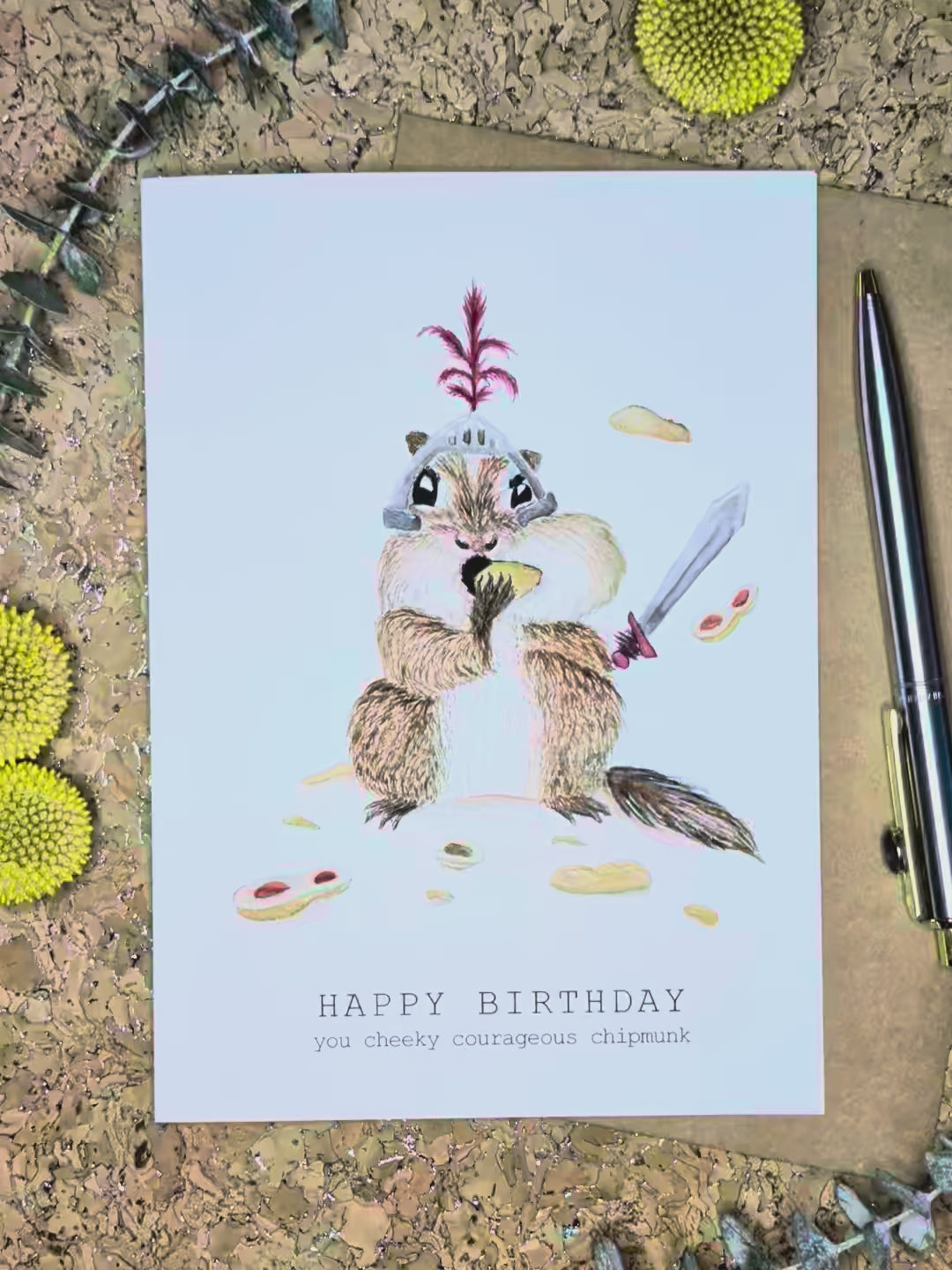 Funny chipmunk birthday card for women featuring whimsical colorful artwork, clever humor, artistic illustration, and cheerful birthday wishes.